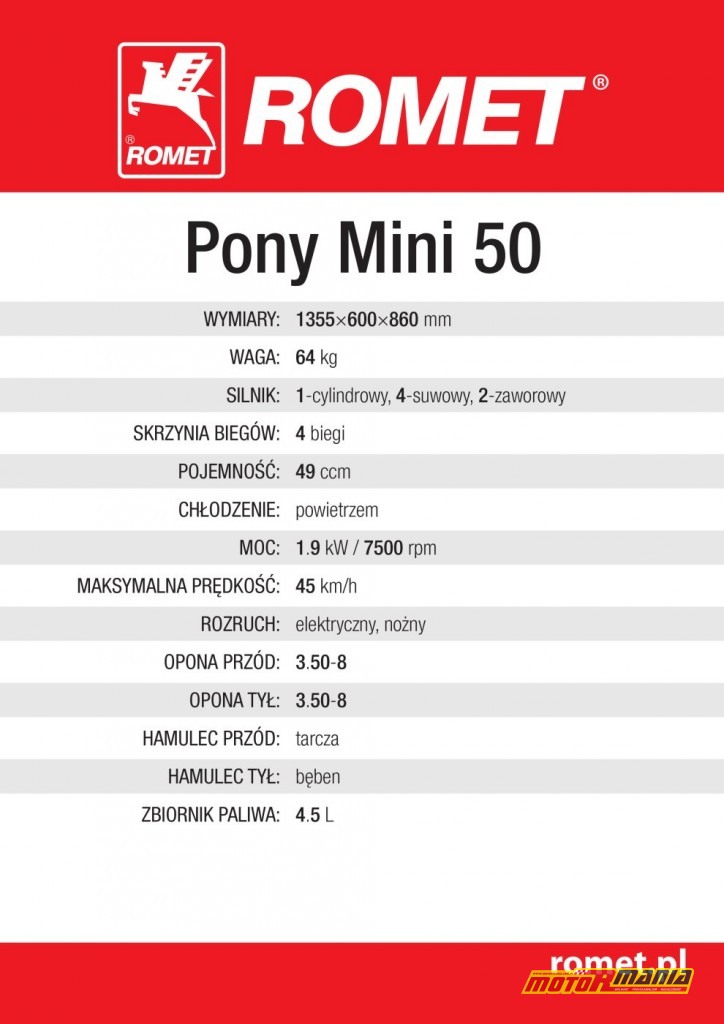 Romet Pony Mini 50 specyfikacja