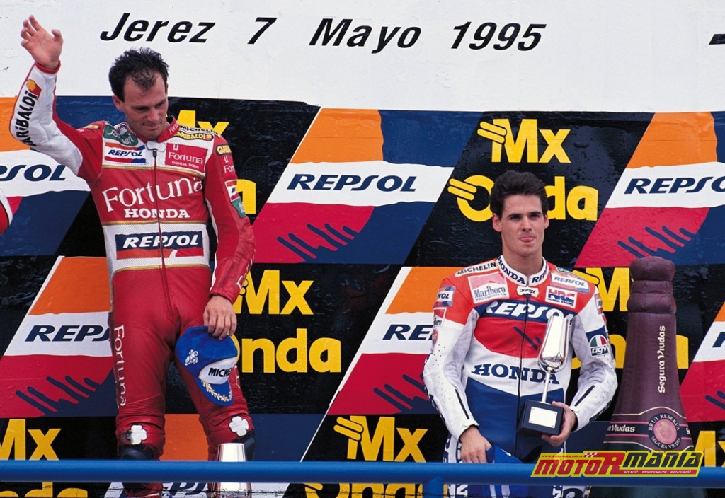 Alberto Puig oraz Alex Criville na podium w Jerez.